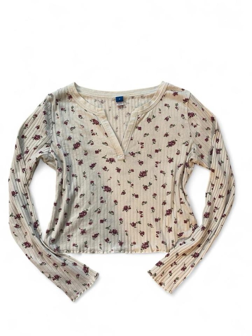 Old Navy Cream Ribbed Long Sleeve Top with Burgundy Floral Print